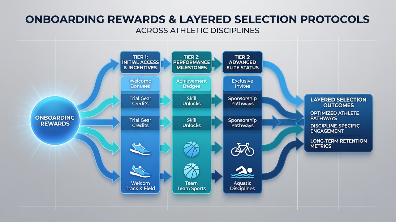 Diagram showing onboarding reward structures feeding into tiered athlete selection layers across different sports