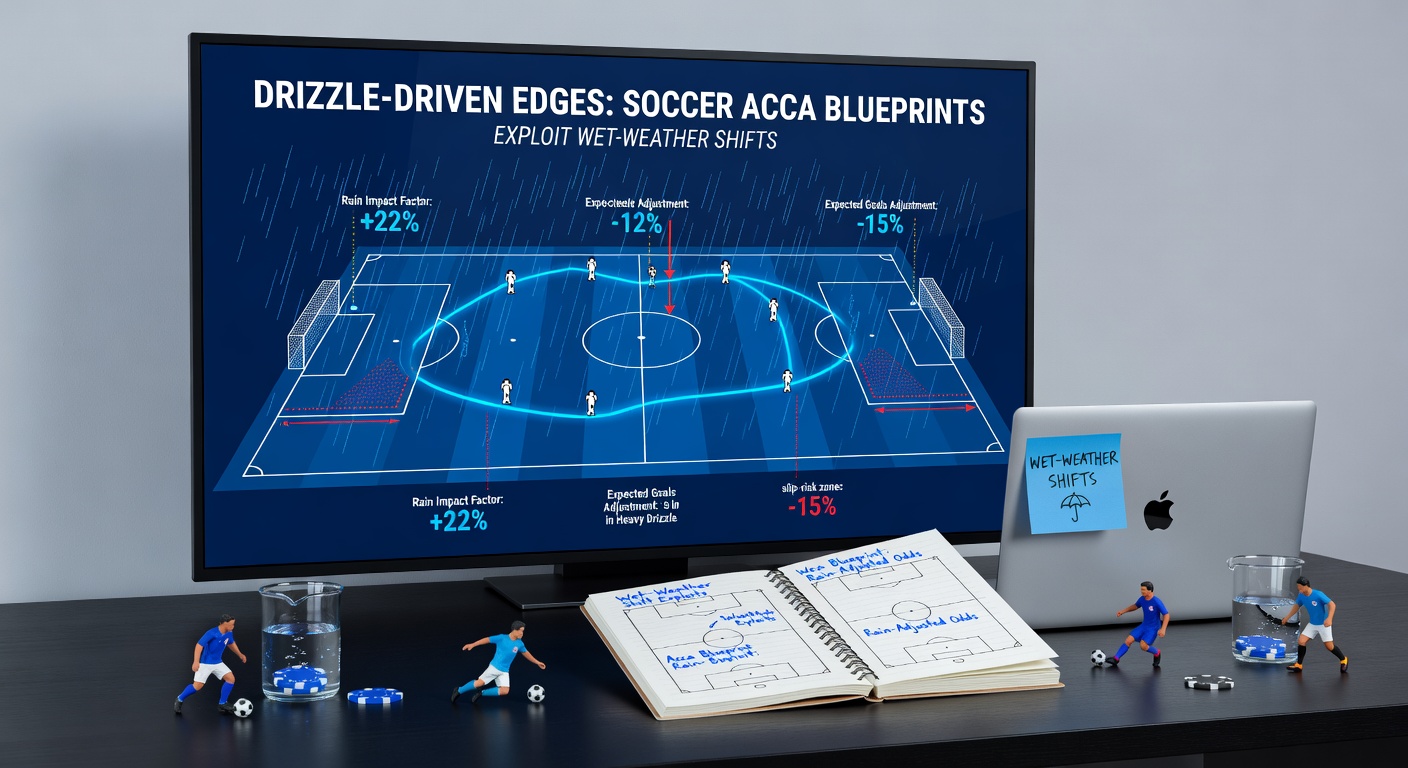 Infographic displaying soccer betting stats under rainy conditions, including goal trends, corner increases, and underdog performance charts