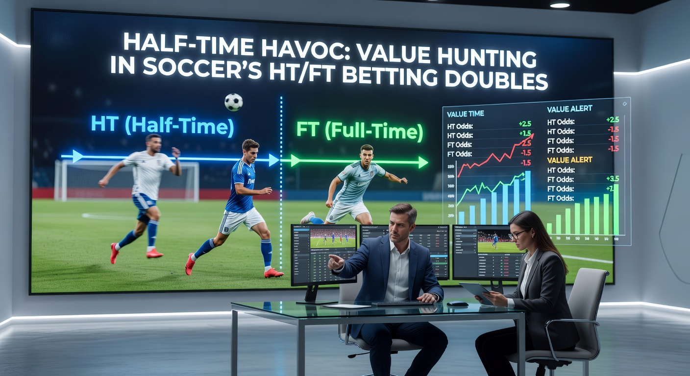 Intense soccer match at half-time with players strategizing on the pitch under stadium lights