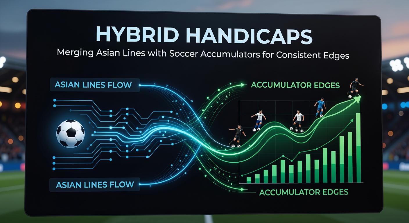 Graphic illustrating Asian handicap lines overlaid on soccer accumulator bets, showing balanced odds and potential payouts