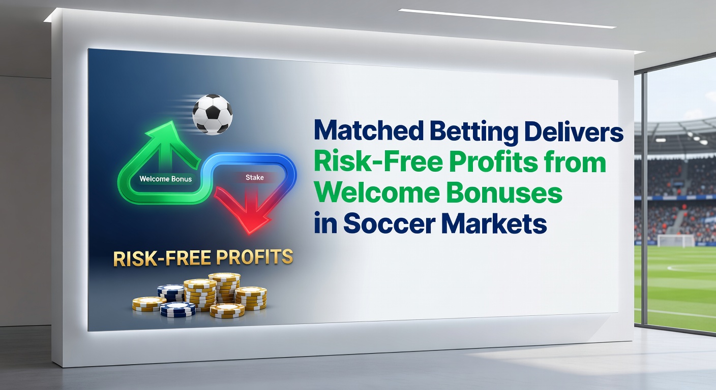 Digital illustration of a soccer field with overlaid betting slips and profit arrows pointing upward, symbolizing risk-free gains from matched betting