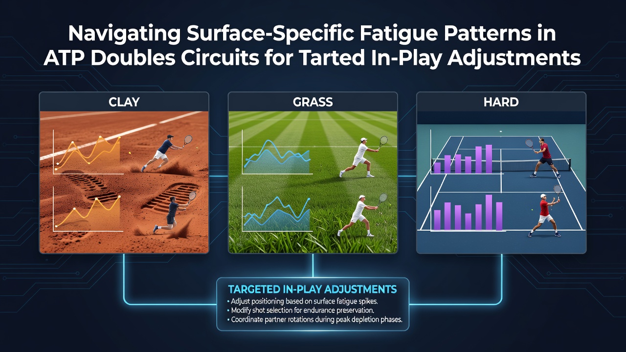 ATP doubles players competing on contrasting court surfaces showing visible fatigue during extended rallies