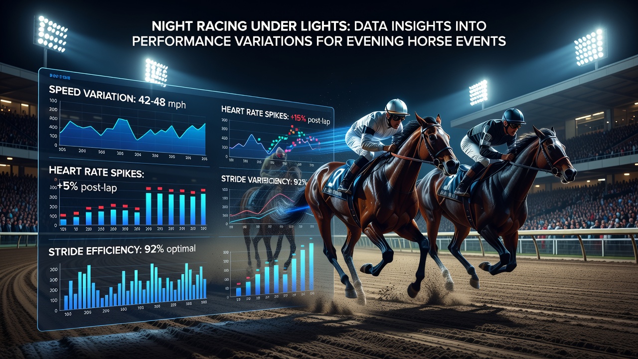 Jockeys guiding horses through the final stretch of a floodlit evening race with visible track markings