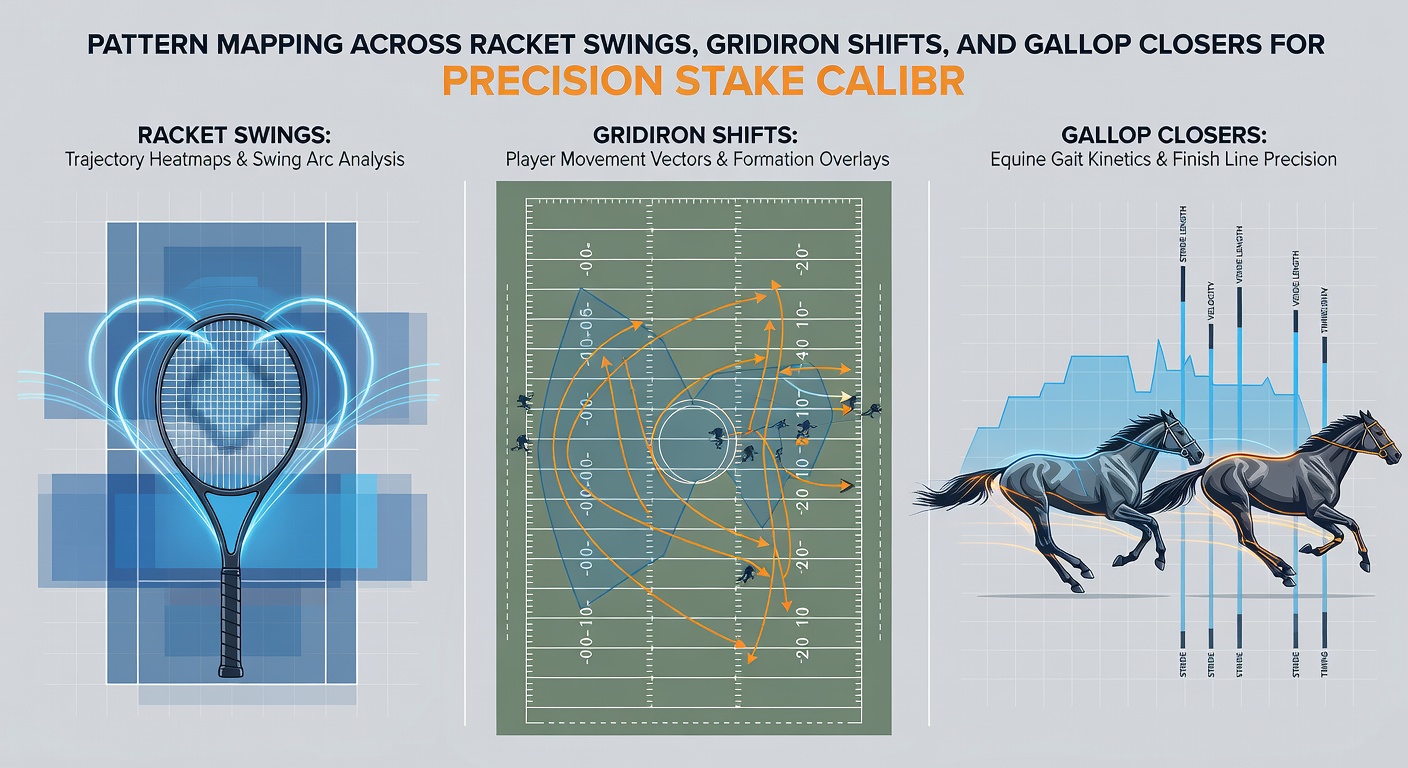 Data visualization showing correlations between swing patterns, football shifts, and horse racing closers for stake calibration