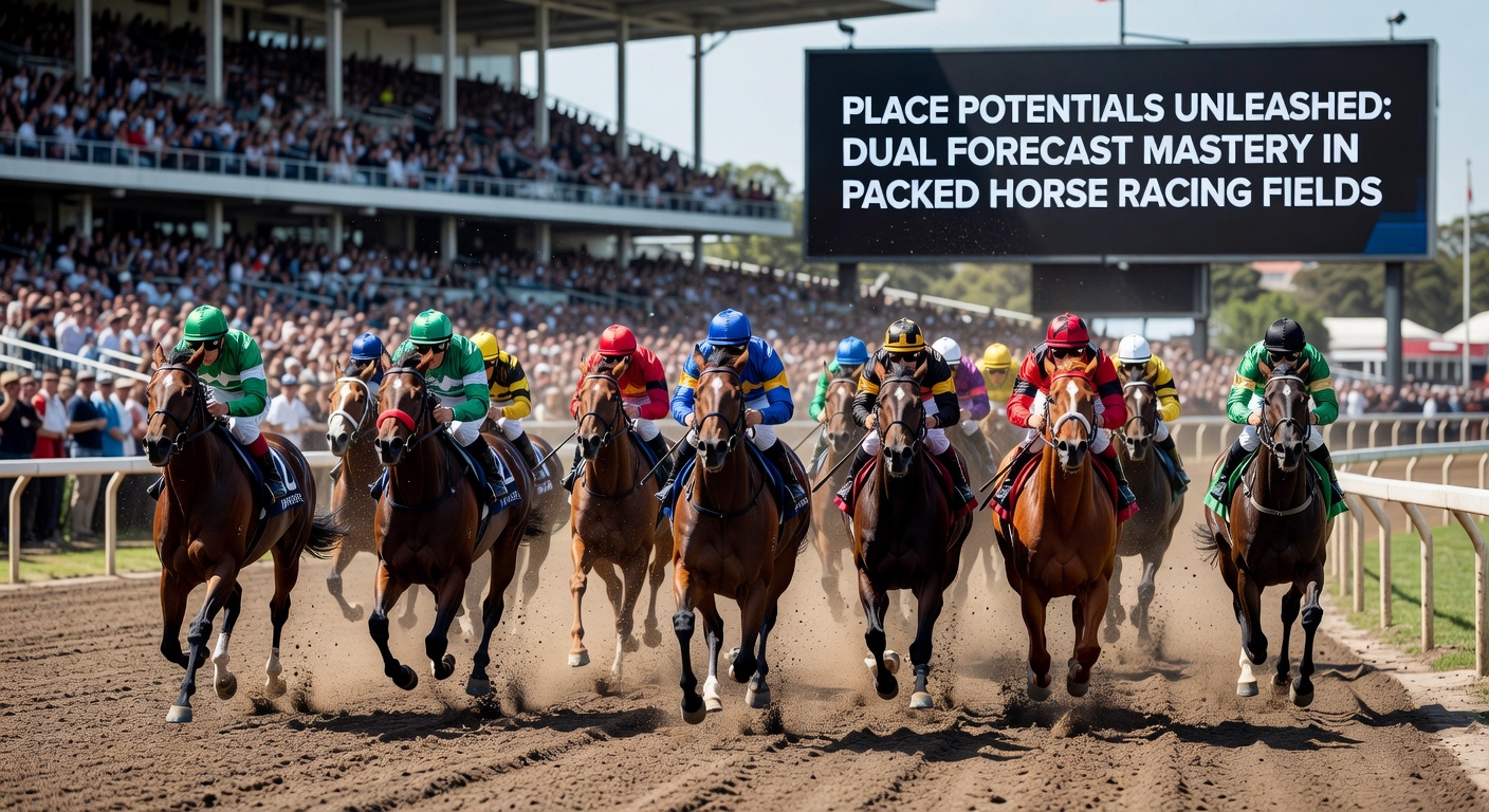 Jockeys battle wheel-to-wheel in a massive field, dust kicking up as the pack stretches into the final furlong with positions shifting dramatically