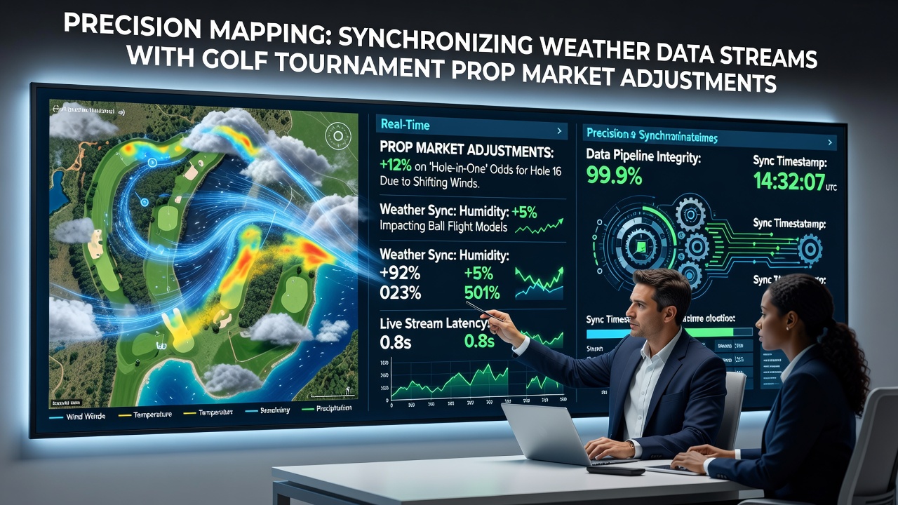 Close-up of golf green with weather sensors and betting data interface showing synchronized adjustments
