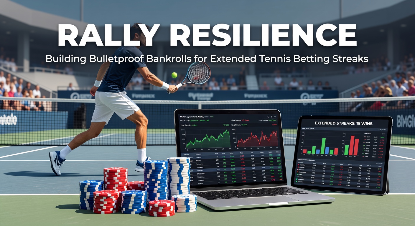 Tennis players locked in an intense baseline rally under stadium lights, symbolizing the endurance needed for long betting streaks