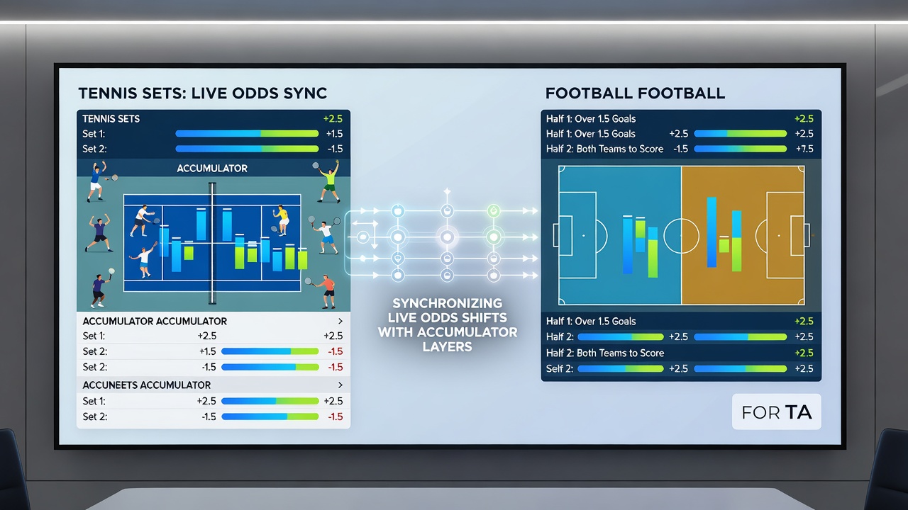 Accumulator layering flowchart illustrating bankroll allocation across multiple tennis sets and football halves
