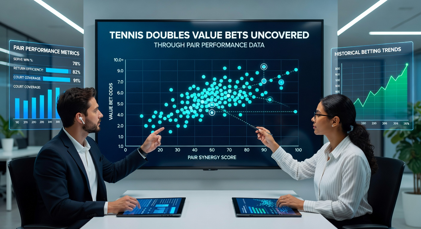 Close-up of tennis doubles partners celebrating a key point win, racket raised high amid cheering crowd