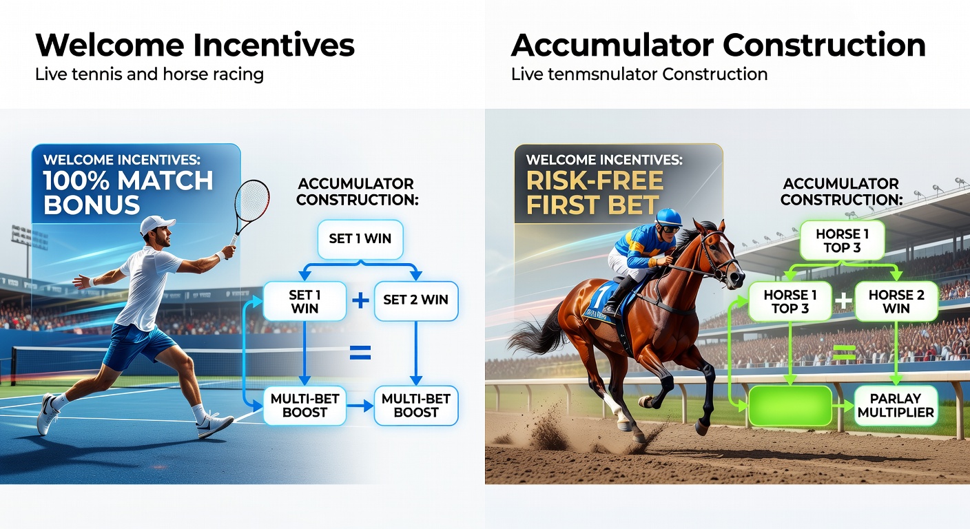 Illustration showing welcome bonus structures alongside accumulator bet slips for tennis and horse racing