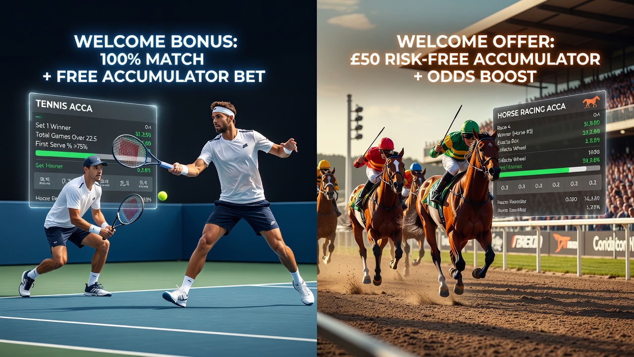 Live betting interface displaying accumulator builder for tennis sets and horse racing in-play markets