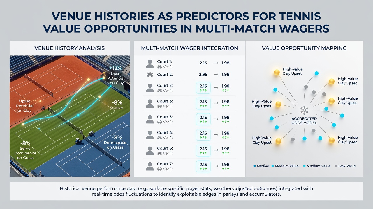 Players competing on different tennis surfaces with venue statistics displayed