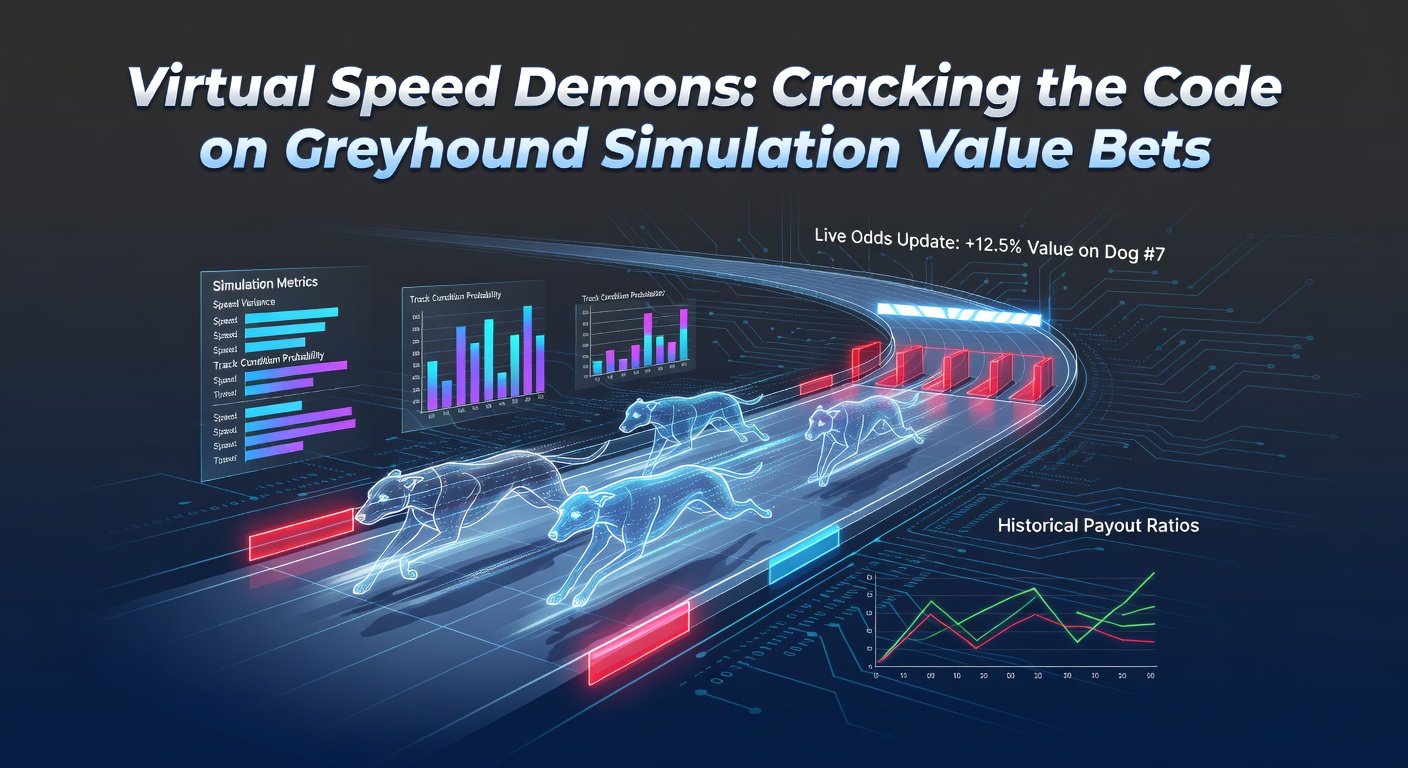 Dynamic screenshot of a virtual greyhound race simulation showing dogs rounding a bend in high-speed pursuit